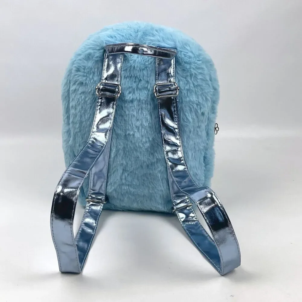 Disney Lilo & Stitch Faux Fur Mini Backpack Blue Fuzzy Sequin Bag EUC